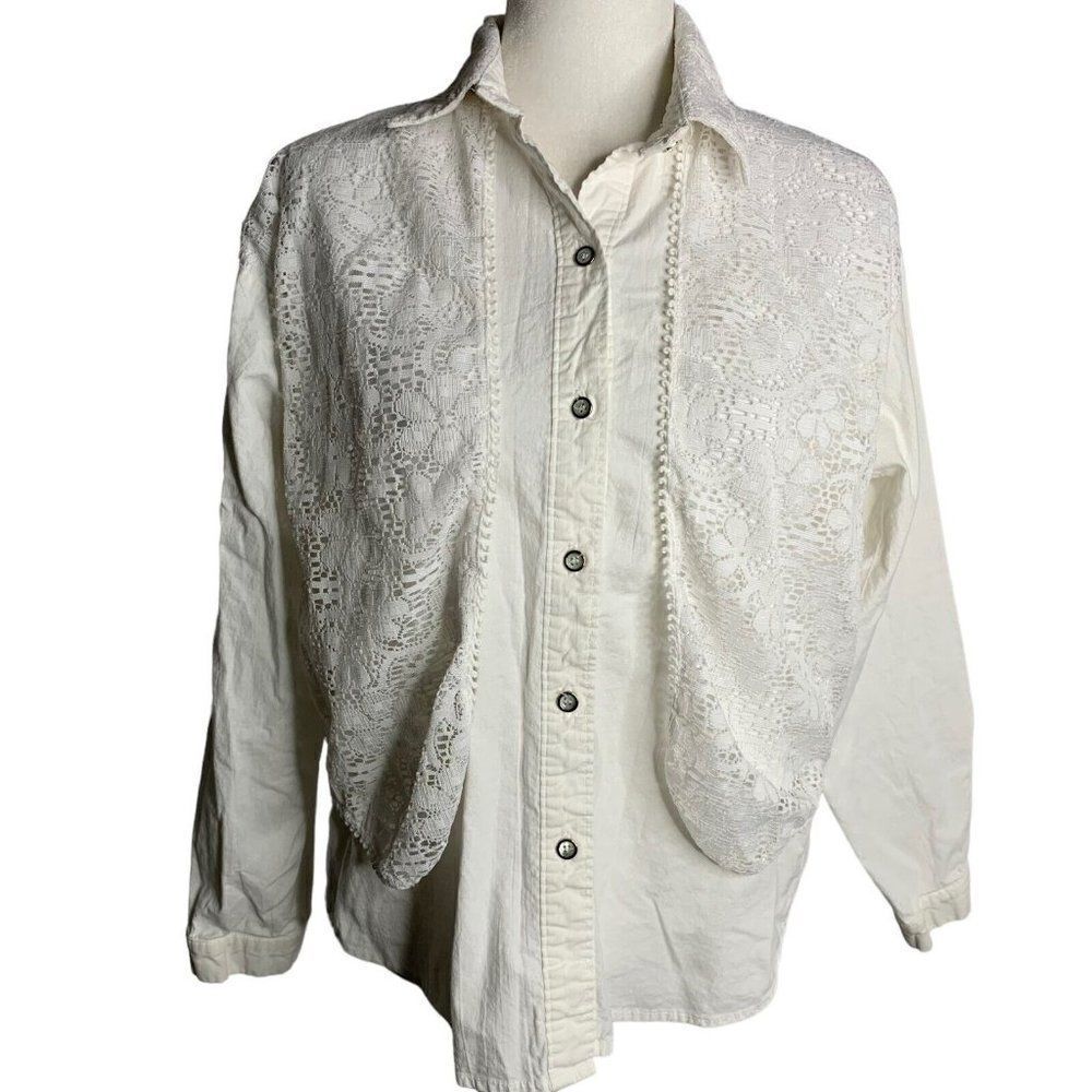 Vintage Lace Overlay Button Up Shirt S White Floral Long Sleeve Attached Vest
